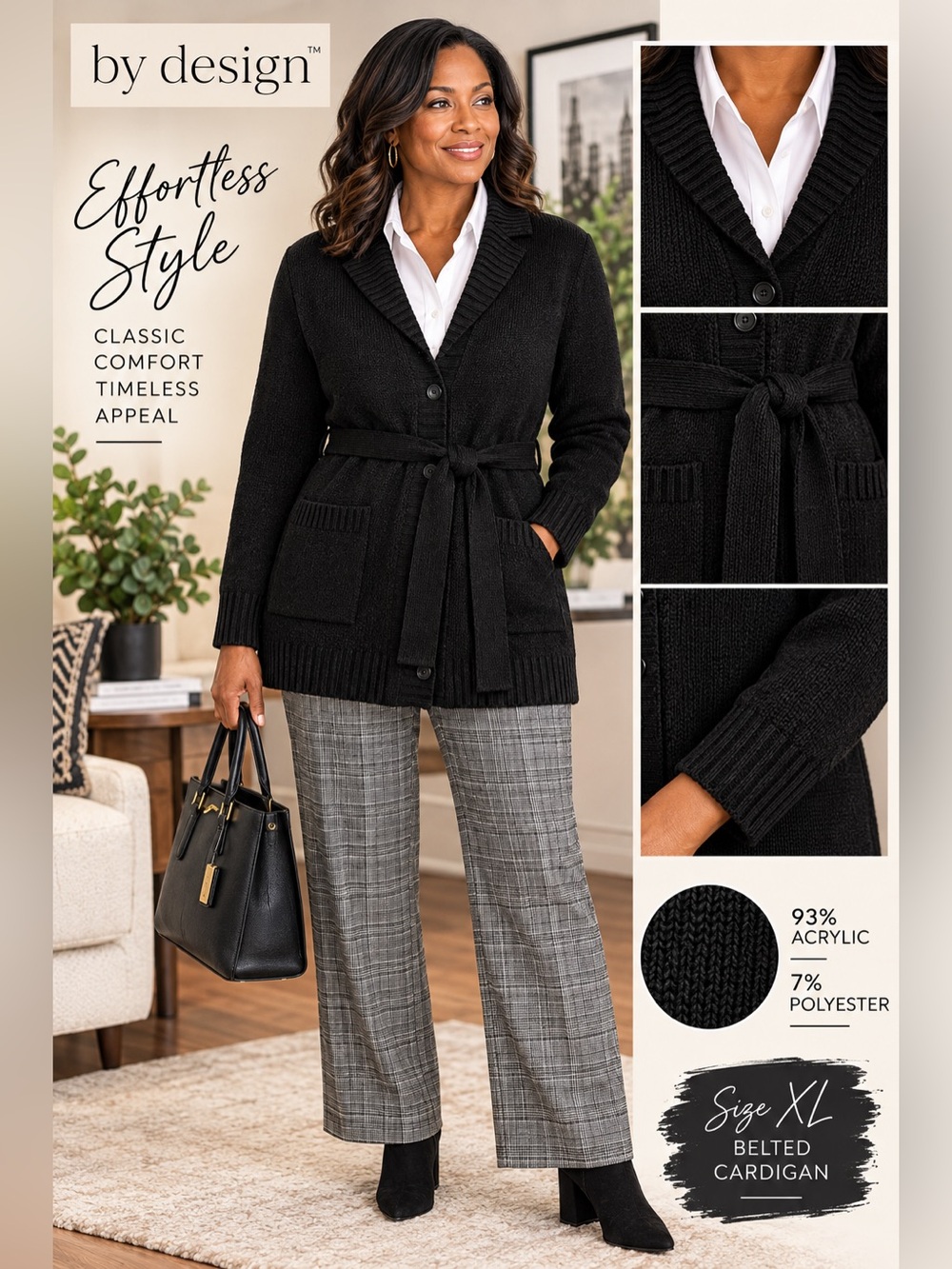 Cozy Belted Black Cardigan Size XL